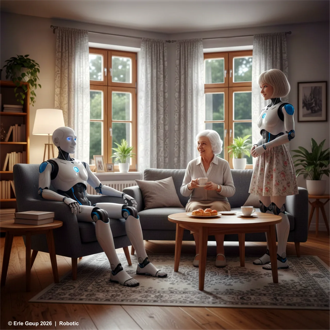 Humanoider Roboter und Gynoid in einem modernen Wohnzimmer – die Zukunft der Robotik von Erle Robotics