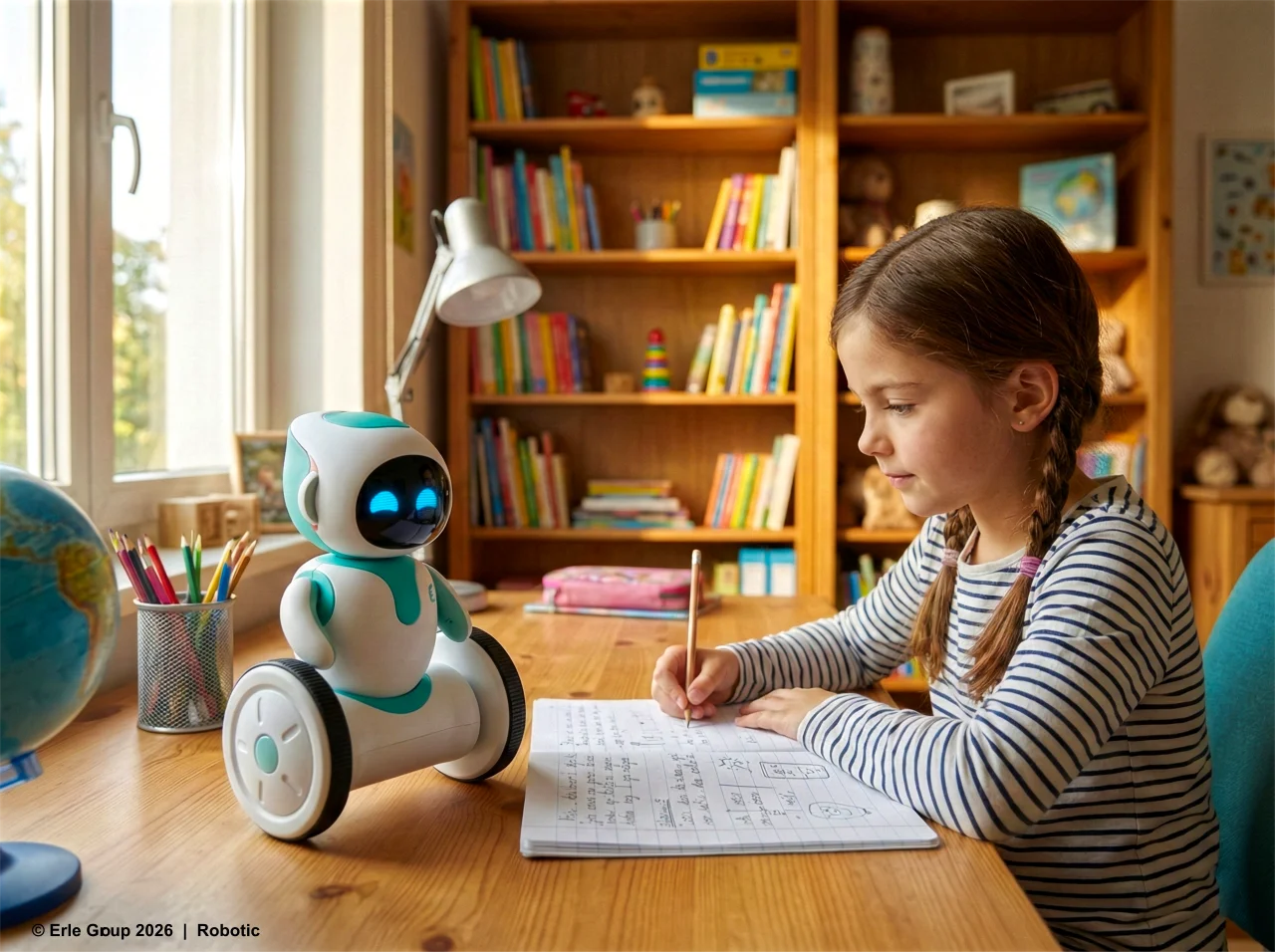 Companion-Roboter hilft einem Kind bei den Hausaufgaben am Schreibtisch
