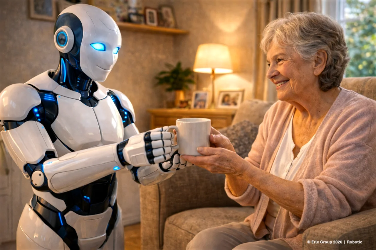 Pflegeroboter unterstützt eine ältere Person im Wohnzimmer