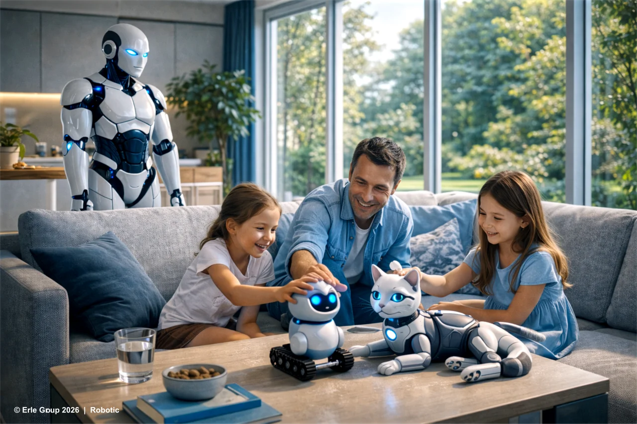 Zukunftsvision: Roboter und Menschen leben gemeinsam in einem modernen Zuhause