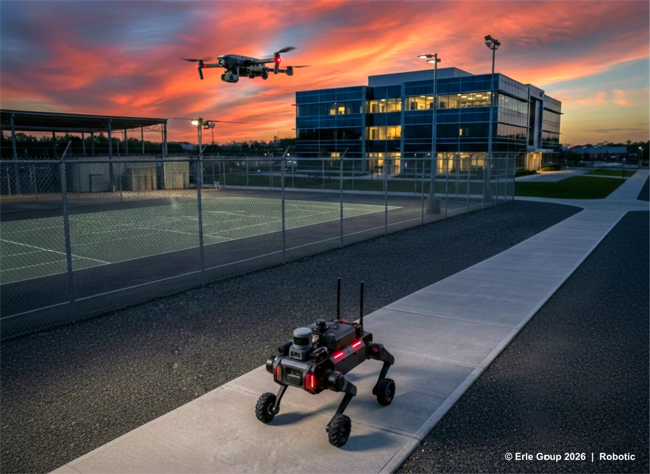 Security-Roboter patrouilliert ein Firmengelände in der Abenddämmerung